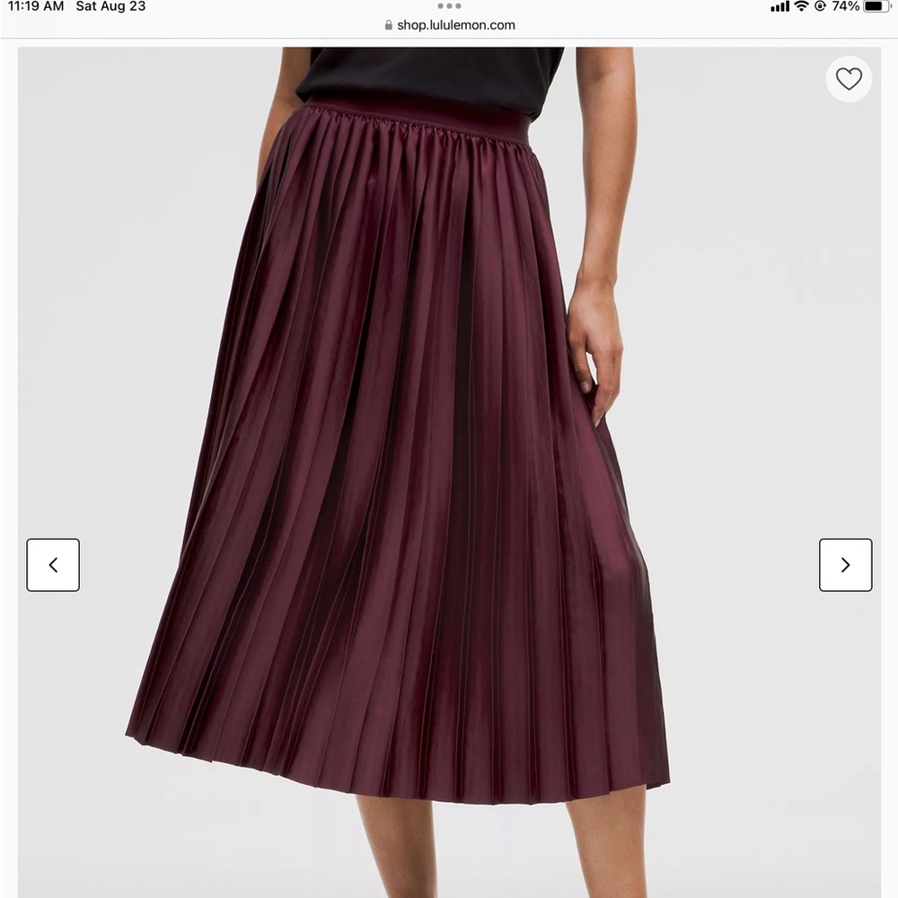 NWT! NEW! Lululemon Garnet, Burgundy, Satin Pleated Midi Skirt! Size XS!
